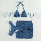 Women 4 Piece Tie Dye Triangle Halter Cover Up Drawstring Skirt Bikini Swimsuit