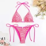 Women Two Pieces Halter Leopard Brassiere Side Tie Print High Cut Bikini Swimsuit