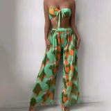 Women 3 Piece Color Block Tie Dye Bandeau Bowknot Halter High Cut Cover Up Pants Bikini Swimsuit