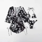 Women 3 Piece Tropical Triangle Halter Cover Up Kimonos Bikini Swimsuit
