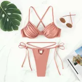 Women Two Pieces Criss Cross Rushed Padded String Thong High Cut Bikini Swimsuit