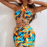 Women 3 Piece Criss Cross Halter Cut Out Tie Dye Cover Up Skirt Bikini Swimsuit