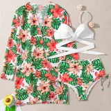 Women 3 Piece Criss Cross Push Up Tropical Prints Cover Up Kimonos Bikini Swimsuit