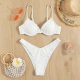 Women Two Pieces Frill Trim Eyelet Embroidery Push Up High Cut Bikini Swimsuit