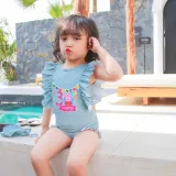 Girls Bathing Suits Cartoon Pig Birthday Name Custom One Piece Ruffled Cuff Swimsuits