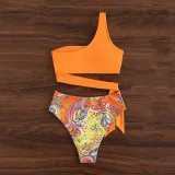 Women Two Pieces One Shoulder Side Knot Tankini Flower Prints Bikini Swimsuit