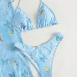 Women 3 Piece Butterfly Triangle Halter High Cut Cover Up Pants Bikini Swimsuit