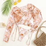 Women 3 Piece Leopard Prints Triangle Brassiere Side Tie Long Sleeve Tankini Cover Up Bikini Swimsuit