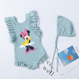 Girls Bathing Suits Cartoon Mouse With Bow Tie One Piece Ruffled Cuff Swimsuits