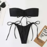 Women Two Pieces Bandeau Ring Linked Plunging Side Tie High Cut Bikini Swimsuit