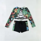 Women Two Piece Long Sleeve Flower Prints Back Lace Up Tankini and Shorts Bikini Swimsuit