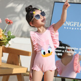 Girls Bathing Suits Cartoon Duck One Piece Ruffled Cuff Swimsuits