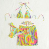 Women 3 Piece Tie Dye Criss Cross Halter Color Block Cover Up Skirts Bikini Swimsuit