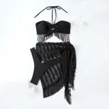 Women Two Piece Ruched Tassel Halter High Cut Cover Up Mesh Skirt Bikini Swimsuit
