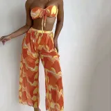 Women 3 Piece Color Block Tie Dye Bandeau Bowknot Halter High Cut Cover Up Pants Bikini Swimsuit