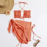 Women 3 Piece Solid Color Ruched Criss Cross Halter Cover Up Side Knot Skirt Bikini Swimsuit