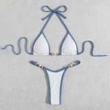 Women Two Pieces Rib Binding Trim Halter Micro Triangle Chain High Cut Bikini Swimsuit
