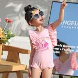 Girls Bathing Suits Cartoon Pig Fairy Birthday Name Custom One Piece Ruffled Cuff Swimsuits