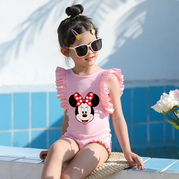 Girls Bathing Suits Cartoon Mouse Head With Bow Tie One Piece Ruffled Cuff Swimsuits