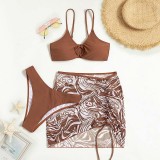 Women 3 Piece Solid Color Ring Linked Plunging High Cut Cover Up Mesh Skirt Bikini Swimsuit