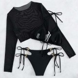 Women 3 Piece Cut Out Ring Linked Plunging Halter Side Tie High Cut Mesh Tankini Cover Up Bikini Swimsuit