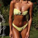 Women Two Pieces Bandeau Ring Linked Plunging Flower Prints High Cut Bikini Swimsuit