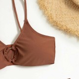 Women 3 Piece Solid Color Ring Linked Plunging High Cut Cover Up Mesh Skirt Bikini Swimsuit
