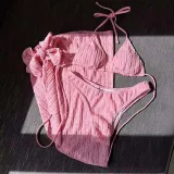 Women 3 Piece Solid Color Triangle Halter Side Knot Skirt Cover Up Bikini Swimsuit