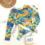 Women 3 Piece Leopard Prints Triangle Brassiere Side Tie Long Sleeve Tankini Cover Up Bikini Swimsuit