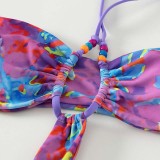 Women Two Pieces Criss Cross Drawstring Side Tie Hig h Cut Color Block Bikini Swimsuit
