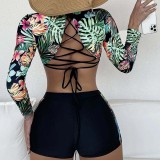 Women Two Piece Long Sleeve Flower Prints Back Lace Up Tankini and Shorts Bikini Swimsuit