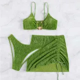 Women 3 Piece Ring Linked Plunging High Cut Drawstring Skirt Cover Up Bikini Swimsuit