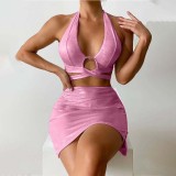 Women 3 Piece Halter Criss Cross Cut Out Cover Up Skirt Bikini Swimsuit