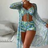 Women 3 Piece Color Prints Drawstring Knot Shorts Kimono Cover Up Bikini Swimsuit