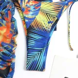 Women 3 Piece Triangle Halter Side Tie Tropical Drawstring Cover Up Kimonos Bikini Swimsuit