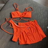 Women 3 Piece Solid Color Heart Linked Bandeau Cover Up Skirt Bikini Swimsuit