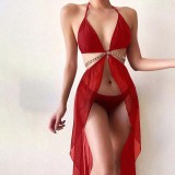 Women 2 Piece Ring Linked Plunging Triangle Halter Cover Up Kimonos Bikini Swimsuit
