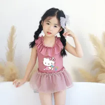 Girls Bathing Suits Cartoon Cat With Ice Cream One Piece Lace Collar Swimsuits