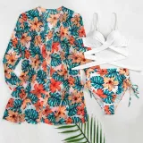 Women 3 Piece Criss Cross Push Up Tropical Prints Cover Up Kimonos Bikini Swimsuit