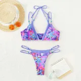 Women Two Pieces Rib Binding Trim Halter Tie Dye Bikini Swimsuit