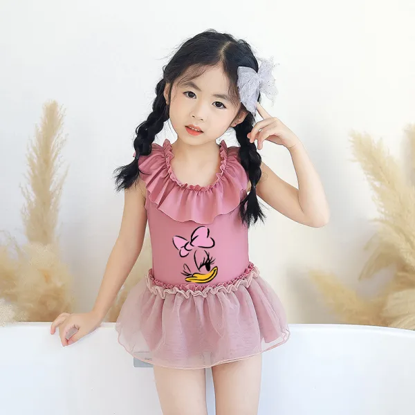 Girls Bathing Suits Cartoon Duck One Piece Lace Collar Swimsuits