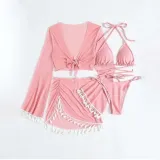 Women 4 Piece Bandeau Criss Cross Triangle Halter Bowknot Halter Cover Up Tassel Tops and Skirt Bikini Swimsuit