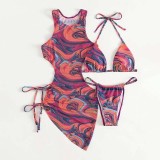 Women 3 Piece Ombre Triangle Halter Side Lace Up Dress Cover Up Bikini Swimsuit