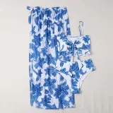 Women 3 Piece Flower Prints Ruched Bowknot Cover Up Skirt Bikini Swimsuit