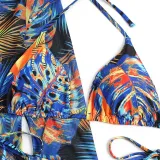 Women 3 Piece Triangle Halter Side Tie Tropical Drawstring Cover Up Kimonos Bikini Swimsuit