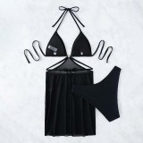 Women 3 Piece Ring Linked Plunging Triangle Halter Cover Up Mesh Skirt Bikini Swimsuit