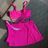 Women 3 Piece Solid Color Heart Linked Bandeau Cover Up Skirt Bikini Swimsuit