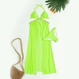 Women 2 Piece Ring Linked Plunging Triangle Halter Cover Up Kimonos Bikini Swimsuit