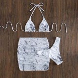 Women 4 Piece Tie Dye Triangle Halter Cover Up Drawstring Skirt Bikini Swimsuit