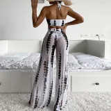 Women 3 Piece Boho Tie Dye Criss Cross Halter High Cut Cover Up mesh Pants Bikini Swimsuit